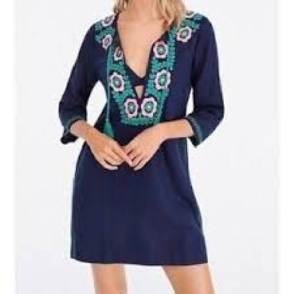 J. Crew Dress Large Blue Embroidered Beach Tunic Cover-up Tassels Linen-Blend - Picture 2 of 16